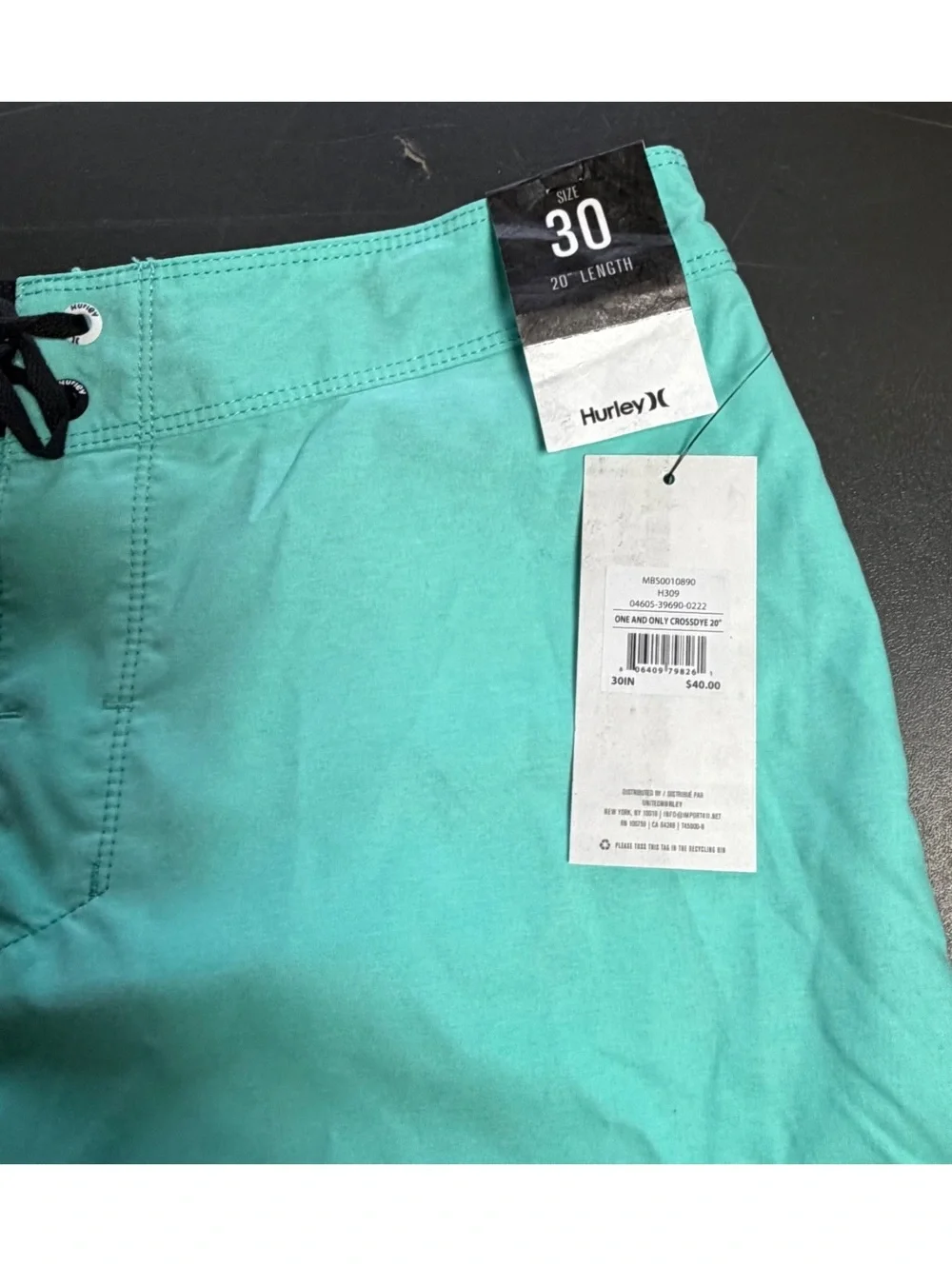 HURLEY turquoise 20” length o r & only cross dye swim board trunks shorts NWT